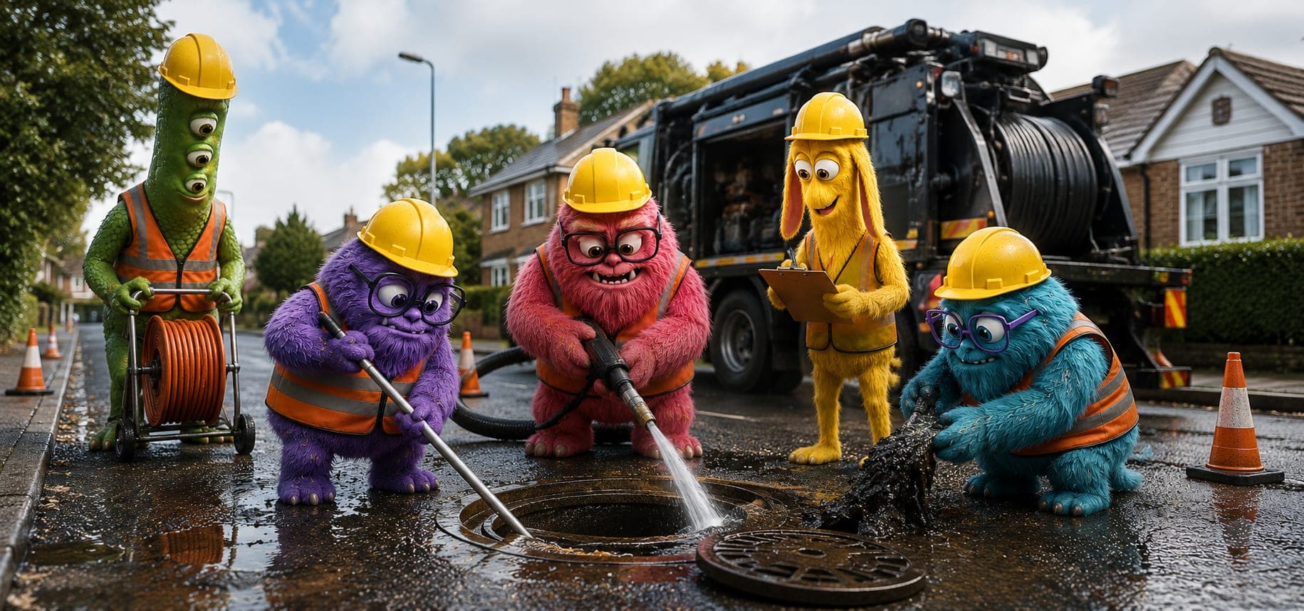 The drainage monster crew unblocking a blocked drain in the road