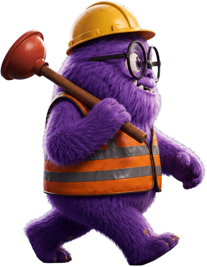 purple monster carrying a plunger
