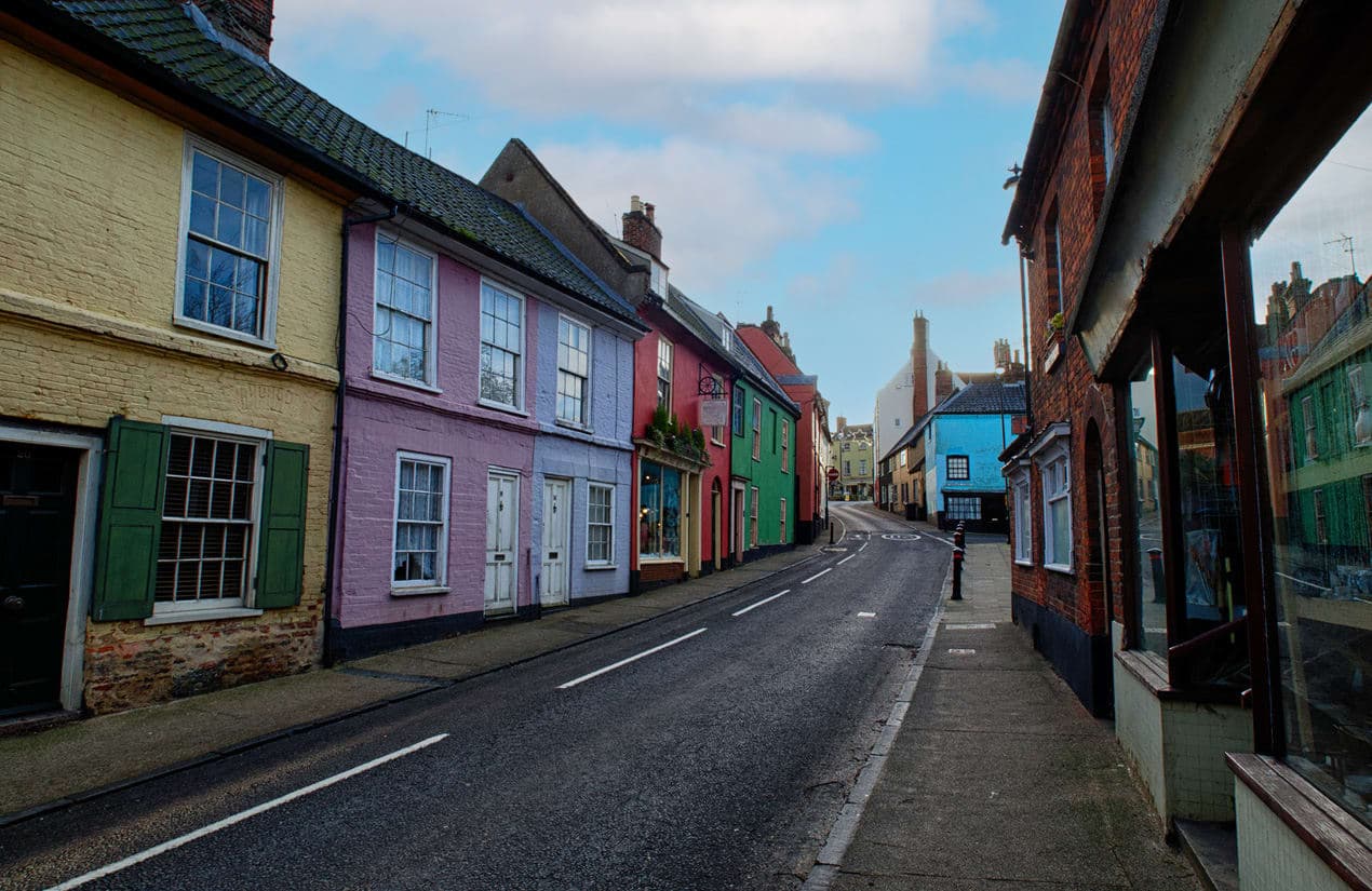 A street view of Bungay town center showing the location where 1st Response Drainage provides drainage services