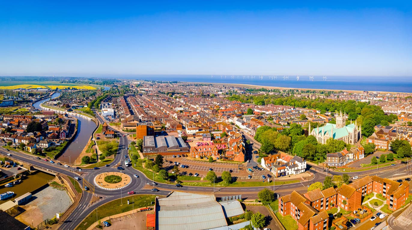 An aerial view of Great Yarmouth showing the area where 1st Response Drainage provides drainage services